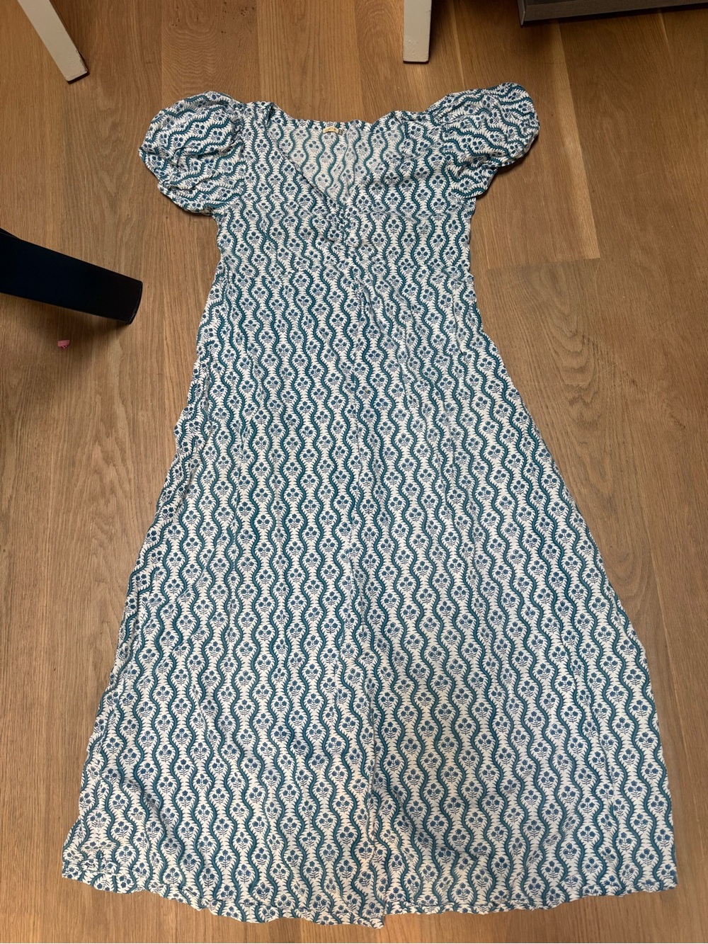 Matta Teal and White Patterned Puff Sleeve Dress